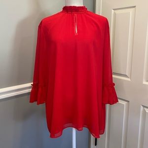 Ann Taylor Factory Women’s Red Blouse XXL Ruffle Collar Sleeves Keyhole Opening